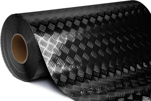Industrial Utility Diamond Metallic Plate Chrome Finish Wrap Vinyl Underlayer Sheet Adhesive Roll for Shelves Walls Flooring (Black 17.8 inches x ...