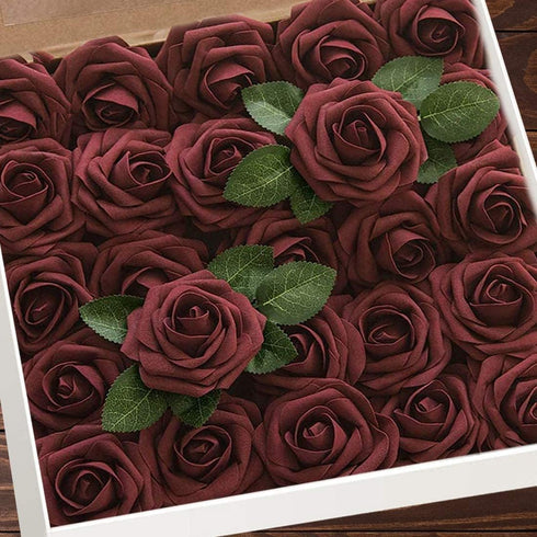 Artificial Flowers 25pcs Real Looking Burgundy Foam Fake Roses with Stems for DIY Wedding Bouquets White Bridal Shower Centerpieces Arrangements M...