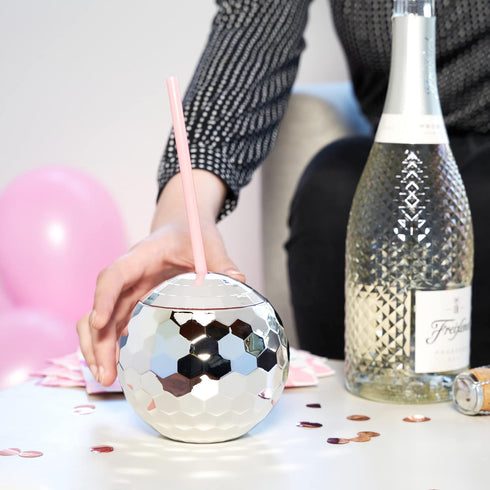 Blush Silver Disco Ball Cup with Straws for Parties - 16 Ounce Cute Sparkly Glitter Cocktail Disco Ball Drink Tumbler, Party Supplies...