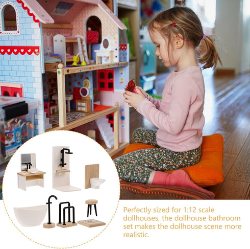 Toyvian 8pcs Dollhouse Bathroom Set: 1 12 Scale Dollhouse Toilet Bathtub Basin Wooden Bathroom Cabinet with Sink Miniature Furniture for Doll Bath...