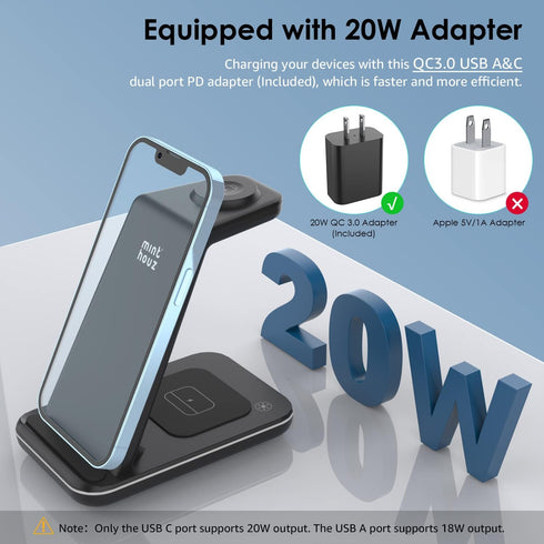 Minthouz Wireless Charger, 3 in 1 Fast Wireless Charging Station with 20W Adapter for Multiple Devices Apple Watch, AirPods, Wireless Charger Stan...