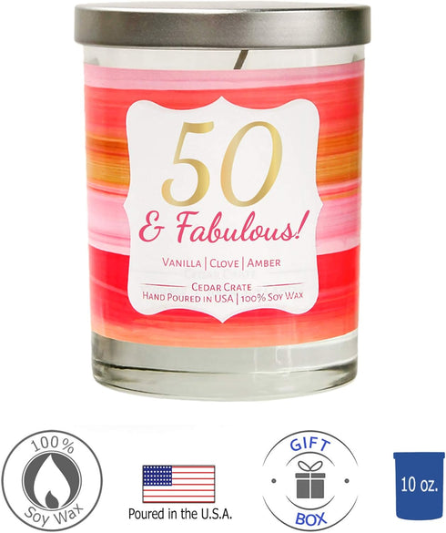 50 & Fabulous! | Vanilla, Clove, Amber | Luxury Scented Soy Candles | 10 Oz. Clear Jar Candle | Made in The USA | Decorative Aromatherapy | 50 Yea...