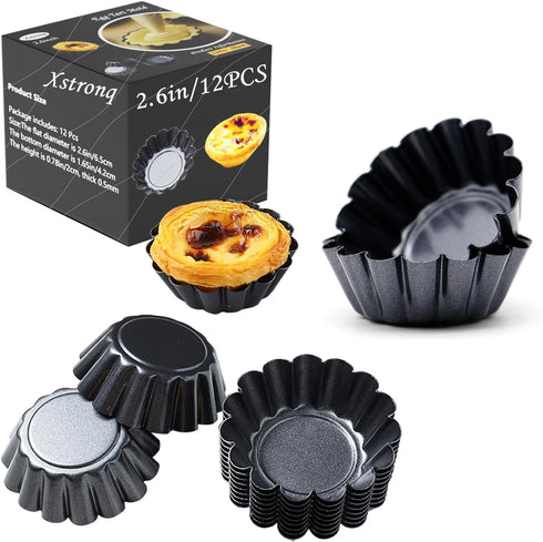 Egg Tart Molds 12PCS Tart Pan 2.6inch, Mini Carbon Steel Non Stick Tart Pans, Tart Molds For Baking (2.6 inch)...