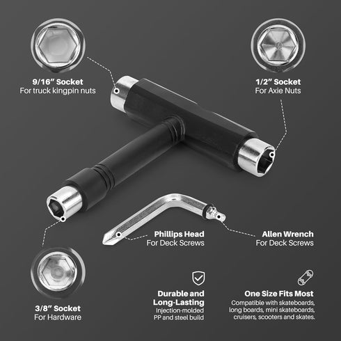 Skate Wrench Tools, Multifunctional All-in-One Skateboard Wrench, 2-in-1 Portable T-Type Wrench and Built-in L-Type Cross Head Screwdriver, longbo...