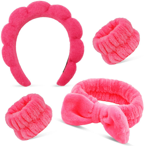 Spa Headband for Washing Face Makeup Headband Skincare Headband Face Wash Headband Rose Red Sponge Hair Band Bow Tie Head Band Wrist Bands for Was...