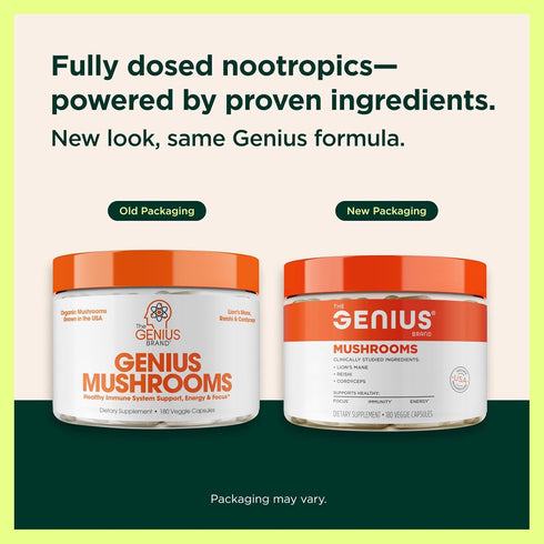Genius Mushroom Supplement - Full-Spectrum Lion’s Mane, Cordyceps, Reishi -Daily Brain Nootropic for Energy, Focus, Memory & Overall Wellness - 90...