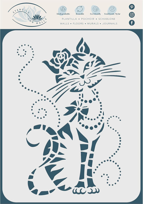 Stencils for Walls: Cute Cat Stencil, 6 x 8.5 inch (L) - Cool Cartoon Cat Bow Flower Beads Stencils for Painting Template...
