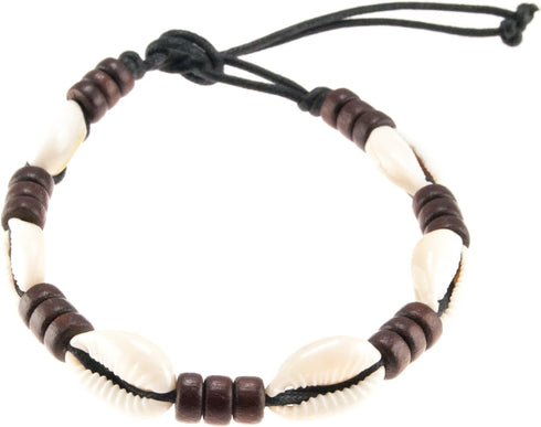 Cowrie Shells Anklet Bracelet on Black Cord with Brown Wood Beads...