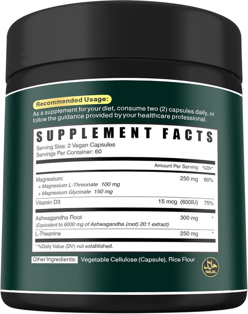 Relaxation & Restful Night with Magnesium L-Threonate & Glycinate Supplement, Plus Vitamin D3, Ashwagandha Root & L-Theanine - Brain, Bone & Heart...