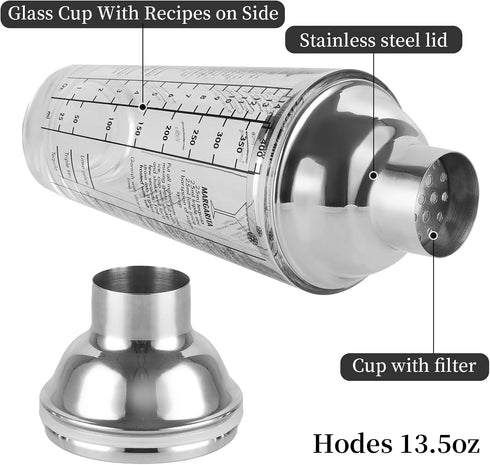 Cocktail Shaker Glass,Martini Shaker With Recipes on Side 13.5oz Mixed Drink Shaker with Glass Cup Professional Bar Tool with Scale Glass (Silver,...