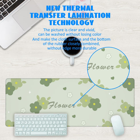 Desk Mat, Kawaii Green Flower Extended Gaming Mouse Pad Large, 31.5"x11.8" Big Mouse Pad with Non-Slip Base and Stitched Edge, Long Computer Keybo...