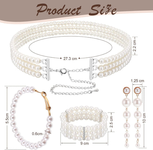 Women's Pearl Jewelry Set Multi Layer Faux Pearl Choker Necklace Pearl Stretch Bracelet Hoop Pearl Dangle Earrings Long Tassel Earrings Valentines...