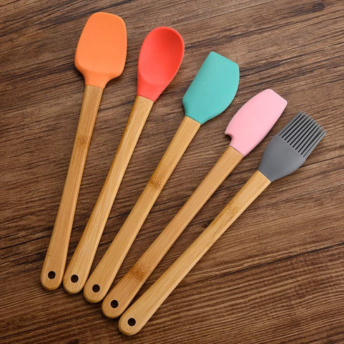 KSENDALO Small Spatulas for Kitchen Use,Silicone Mini Spatula Small Rubber Scraper Heat Resistant Tiny Spatula for Baking Cookie with Bamboo Handl...