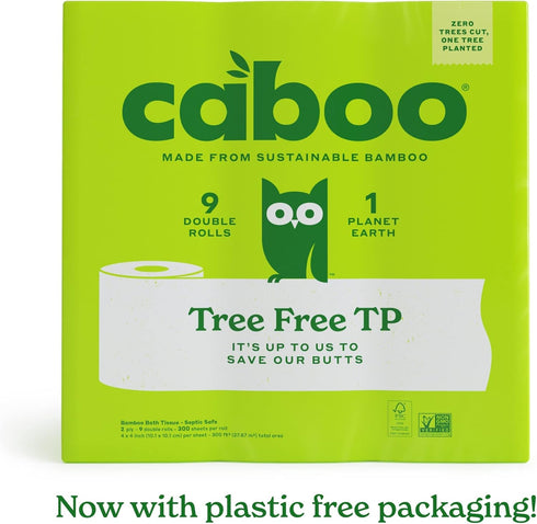 Caboo Tree Free Toilet Paper, Septic Safe Bath Tissue, Quick Dissolving 2 Ply Sheets - 300 Sheets Per Roll, 9 Double Rolls...
