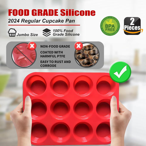 2PCS Thicken-12 Cup Silicone Muffin Pan - Cupcake Baking Pan Great for Making Muffin Cakes, Tart, Bread -Non - Stick Silicone Mold/Dishwasher - Mi...