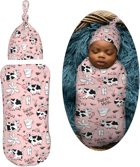 Funny Cow Milk Print Newborn Swaddle Blankets Hat Sets Soft Baby Receiving Blanket Swaddle Sack for Baby Shower Infant Boy Girl Gift...