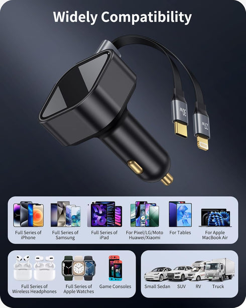 Retractable Car Charger 2-in-1 Fast Charging Type C and Lightning Cable USB C Car Charger Adapter Compatible with iPhone 15/14/13/12 Pro Max, Plus...