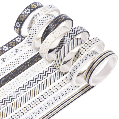 YUBBAEX 10 Rolls Sparkling Washi Tape Set 8mm Skinny Gold Foil Decorative Masking Washi Tapes for Journal,Scrapbook, Planner, DIY Crafts (Black & ...