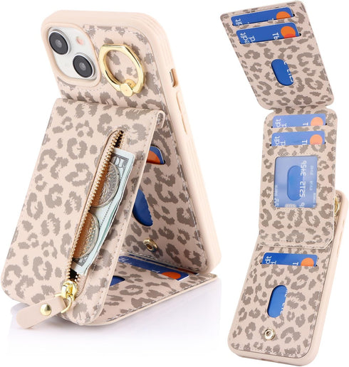 iPhone 15 Case with Card Holder for Women, iPhone 15 Phone Case Wallet with Strap Credit Card with Kickstand Zipper Case for iPhone15 - Rice Leopa...