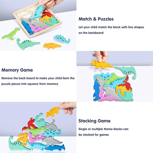 Wooden Dinosaur Puzzles for Toddlers 2-4, Stacking Dinosaur Blocks Toys for Kids 3-5, Toddler Montessori Toys for 2 3 4 Year Old Boy Girl Birthday...