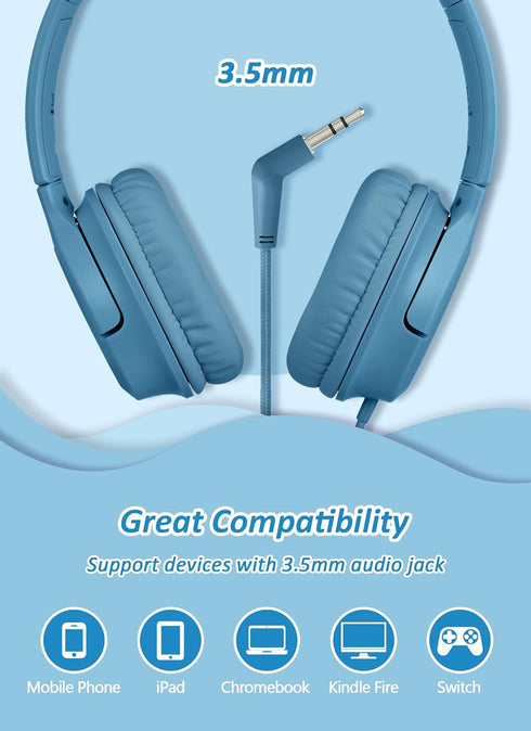 DyBaxa Kids Headphones Wired, Foldable On Ear Headset, Volume Limiter 94dB, Over-Ear Headphones for Kids School Online Classes Travel Children, 3....