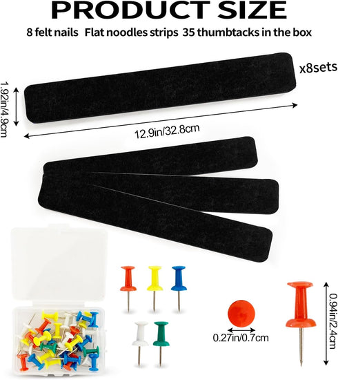 8 Pcs Black Felt Pin Board Bar Strips Bulletin Board ?Self-Adhesive Bulletin Board Bar Strips?Cork Boards for Walls with 35 Pushpins, for Paste No...
