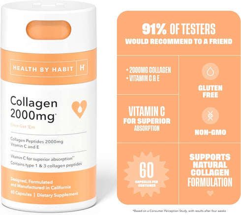 Health by Habit Collagen Supplement (60 Capsules) - Vitamin C & Vitamin E, 2000mg, Collagen Peptides, Superior Absorption, Support your Skin, Non-...