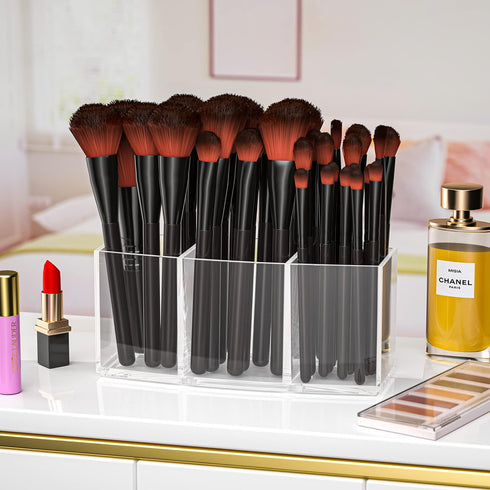 Makeup Brush Holder Organizer Clear Cosmetic Brushes Container Storage 3 Slots, Desk Storage for Lipstick Eyeshadow Pen, Skincare Cosmetic Display...