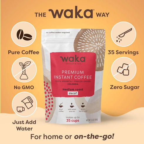 Waka Instant Coffee, Decaffeinated Medium Roast - 100% Arabica Colombian Beans, Freeze Dried Granules, No Sugar or Additives - Bulk Bag for Quick ...