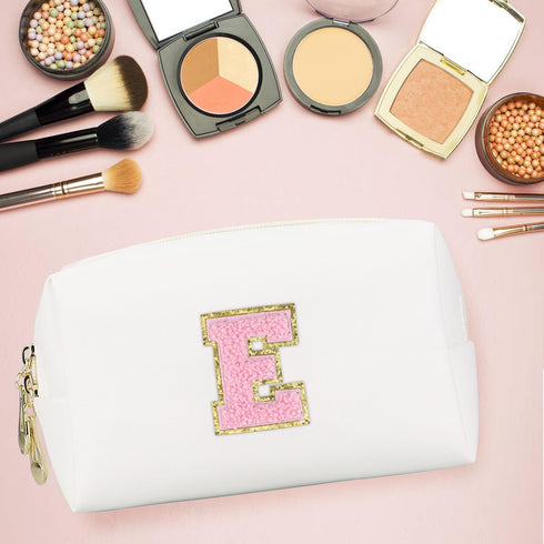 Initial Makeup Bag,Personalized preppy bag Waterproof PU Leather Chenille Letter Cosmetic Bag,Portable Travel Toiletry Bag Monogram Birthday Gift ...