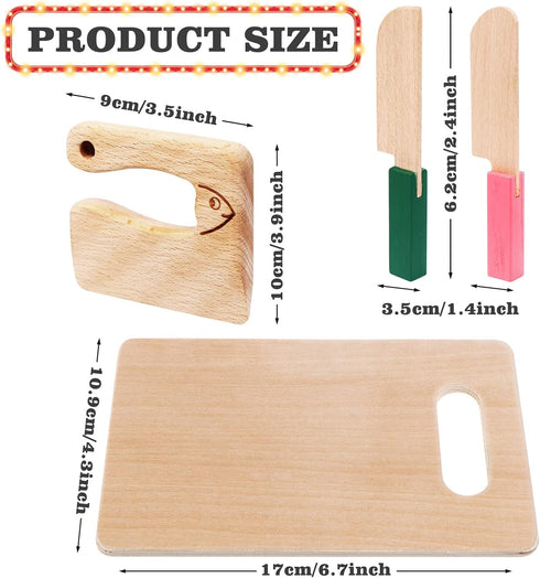4 Pcs Wooden Kids Knives Cooking Utensils for Kitchen Cooking Children's Safe Knives Kids Cute Kitchen Tools with Rectangle Cutting Board for Cook...