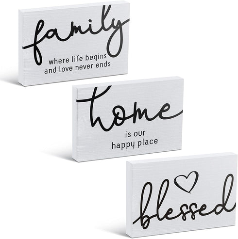 Jetec 3 Pcs Family Home Blessed Rustic Wood Sign Mini Wood Decorative Farmhouse Woodworks Table Shelves Decorations Sign for Bedroom Kitchen Livin...