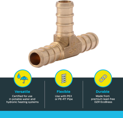 SharkBite 3/8 Inch Crimp Tee, Brass Plumbing Fitting, PEX Pipe, PE-RT, UC360LFA...