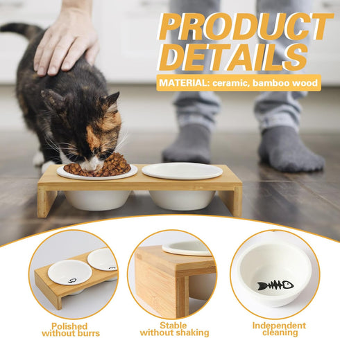 Raised Slow Feeder Dog Bowls Improves Digestion,Dog Elevated Food Bowl with 2 Ceramic Bowls, 1.6" Height Cat Water and Food Bowl(Bamboo)...