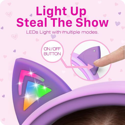 FosPower Kids Headphones with LED Light Up Cat Ears 3.5mm On Ear Audio Headphones for Kids with Laced Tangle Free Cable (Max 85dB) - Baby Pink/Lav...