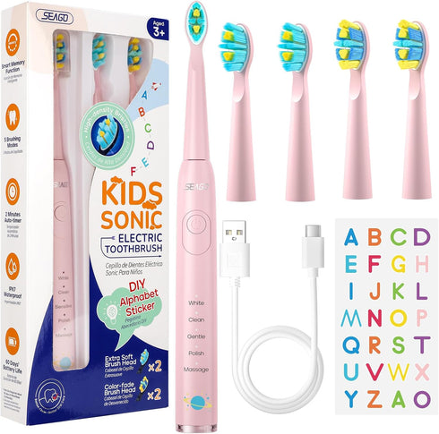 SEAGO Kids Electric Toothbrush, Sonic Soft Bristle Rechargeable Toothbrushes with DIY Stickers, 5 Modes, Includes 4 Replacement Brush Heads, Ages ...