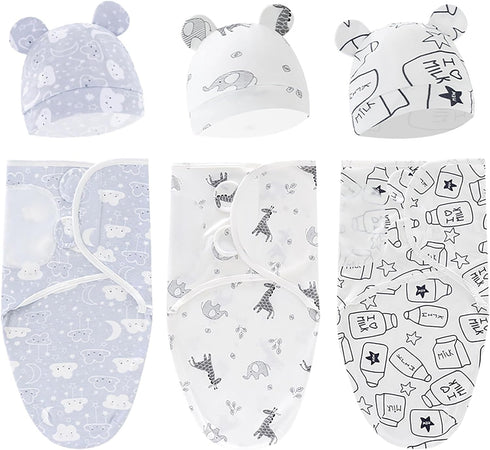 3-Pack Baby Swaddle Sleep Sacks Baby Swaddle Blanket Wrap for Boys Girls,Babies Swaddle Sack with Hat for 0-3 Months Newborn (D)...