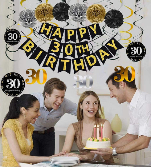 Black & Gold Glittery Happy 30th Birthday Banner,Poms,Sparkling 30 Hanging Swirls Kit for 30th Birthday Party 30th Anniversary Decorations Supplie...