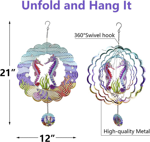 Seahorse 3D Wind Spinner Kinetic Metal Art Hanging Wind Spinner Outdoor Decoration Ocean Ornaments Decor for Yard and Garden...