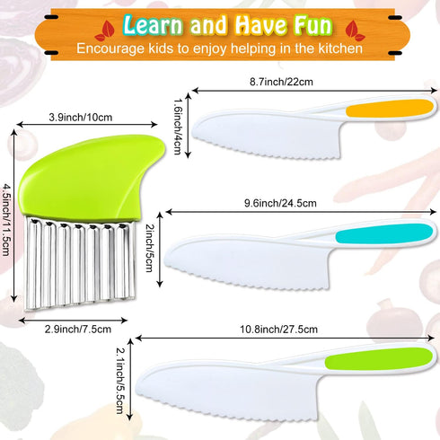 4 Pcs Kids Knife Set, Nylon Kitchen Knife with Crinkle Cutter, Serrated Edges Plastic Toddler Chef Knife for Real Cooking & Cutting Fruit Bread...