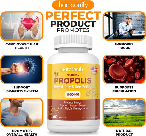Bee Pollen Propolis Royal Jelly Extract with Carob, Pure Immune Support Supplement, Gluten-Free, Vegetarian Capsules, 1000 mg...