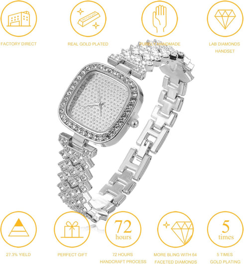 Halukakah Diamonds Gold Watch Iced Out, Women's 18K Real Gold/Rose Gold/Platinum White Gold Plated 30MM Width Square Dial Quartz Wristband 7.5" wi...