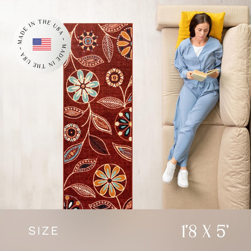 Maples Rugs Reggie Floral Runner Rug - Made in USA - Washable, Non Slip Indoor Carpet for Kitchen, Hallway, and Laundry Room, 1'8 x 5, Merlot...