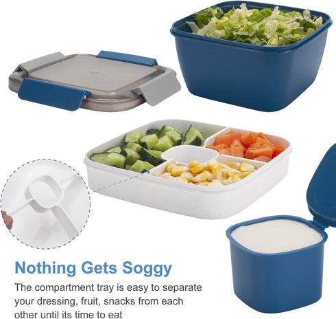 Freshmage Salad Lunch Container To Go, 52-oz Salad Bowls with 3 Compartments, Salad Dressings Container for Salad Toppings, Snacks, Men, Women (Bl...