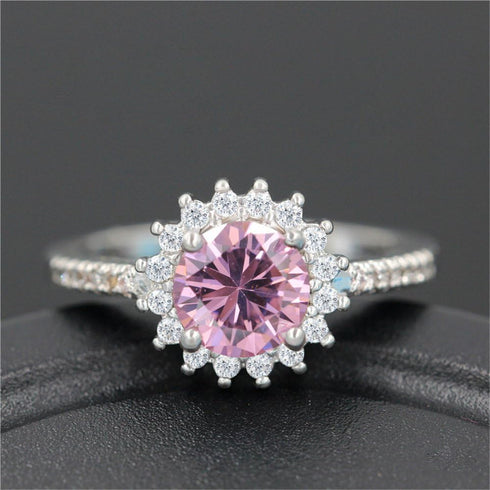 Uloveido Platinum Plated Pink Round Cubic Zirconia Sun Flower Rings for Women Y3522...