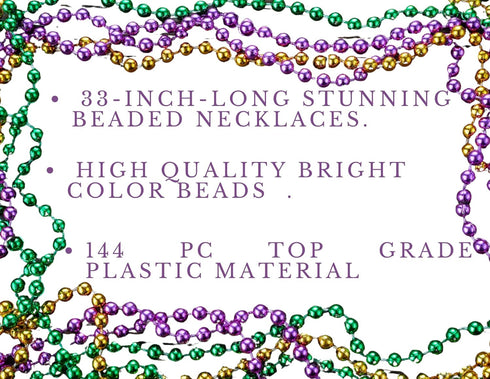 Oojami 144 PCS Mardi Gras Beads Green Purple Gold Metallic Beads Necklaces Accessories BulkCarnival Beads Necklace for Parade Throws Party Decorat...