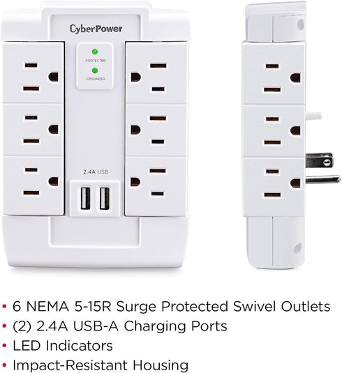CyberPower CSP600WSURC2 Surge Protector, 1200J/125V, 6 Swivel Outlets, 2 USB Charging Ports, Wall Tap Design, White...