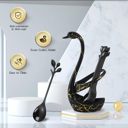 Black Swan Base Holder with 12-Pieces 4.7-inch Small Coffee Spoons,Leaf Handle Set Spoons Creative Dinnerware Set (Black & Gold)...