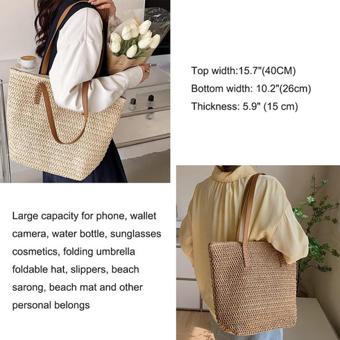 Large Straw Beach Bag for Womens, Straw Handbag Woven Tote Bag With Zipper Summer Straw Shoulder Bag...