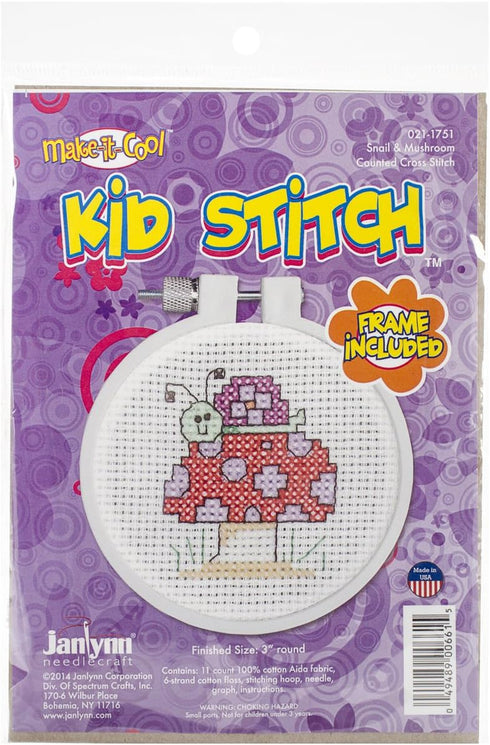 Janlynn Kid Stitch 11 Count Snail and Mushroom Mini Counted Cross Stitch Kit, 3-Inch,Pink...